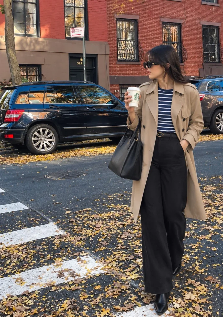 Woman wearing black linen pants with a navy striped shirt, beige trench coat, and black ankle boots