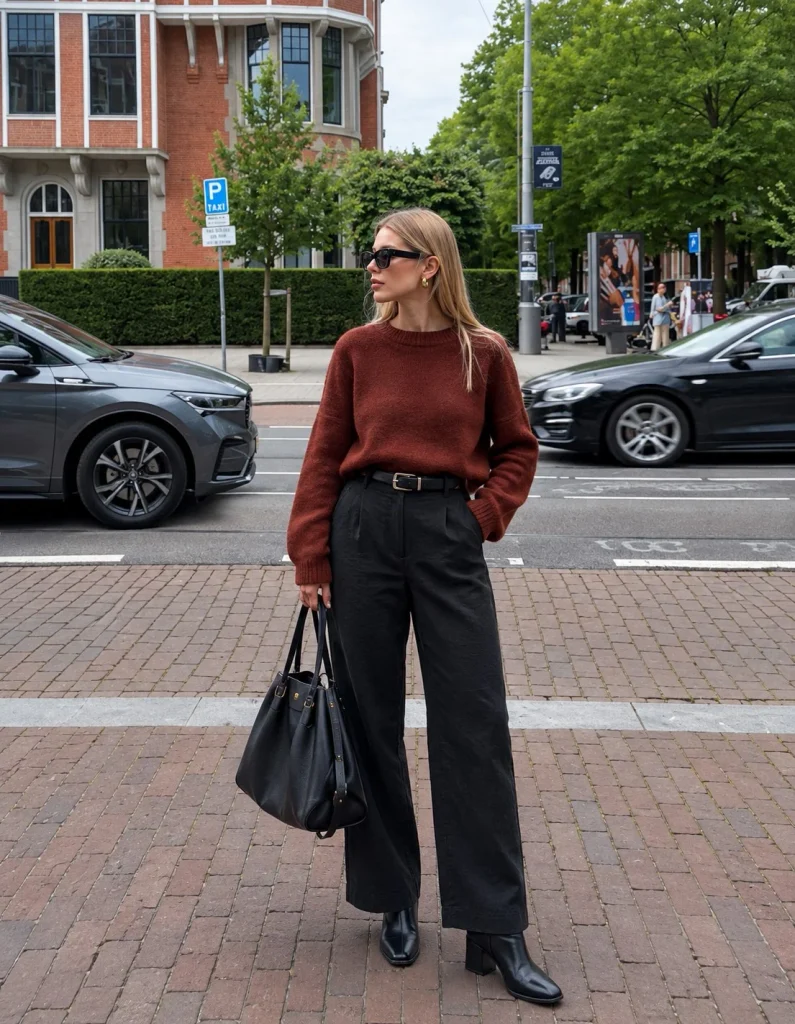 Woman wearing black linen pants with a rust-colored sweater and black ankle boots