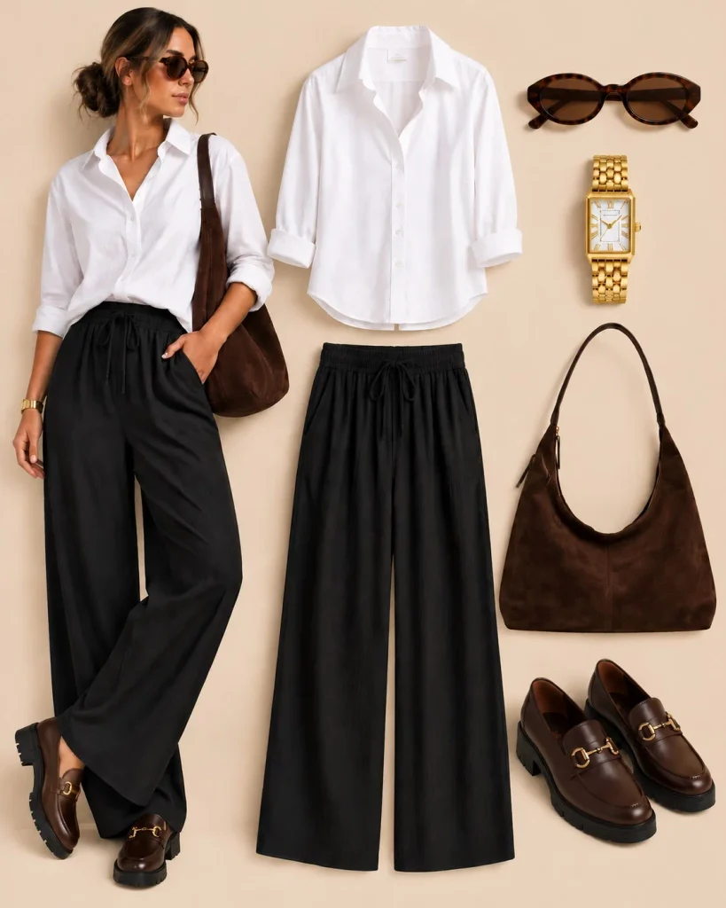 Woman wearing black linen trousers with a white button-down shirt, brown belt, and brown loafers