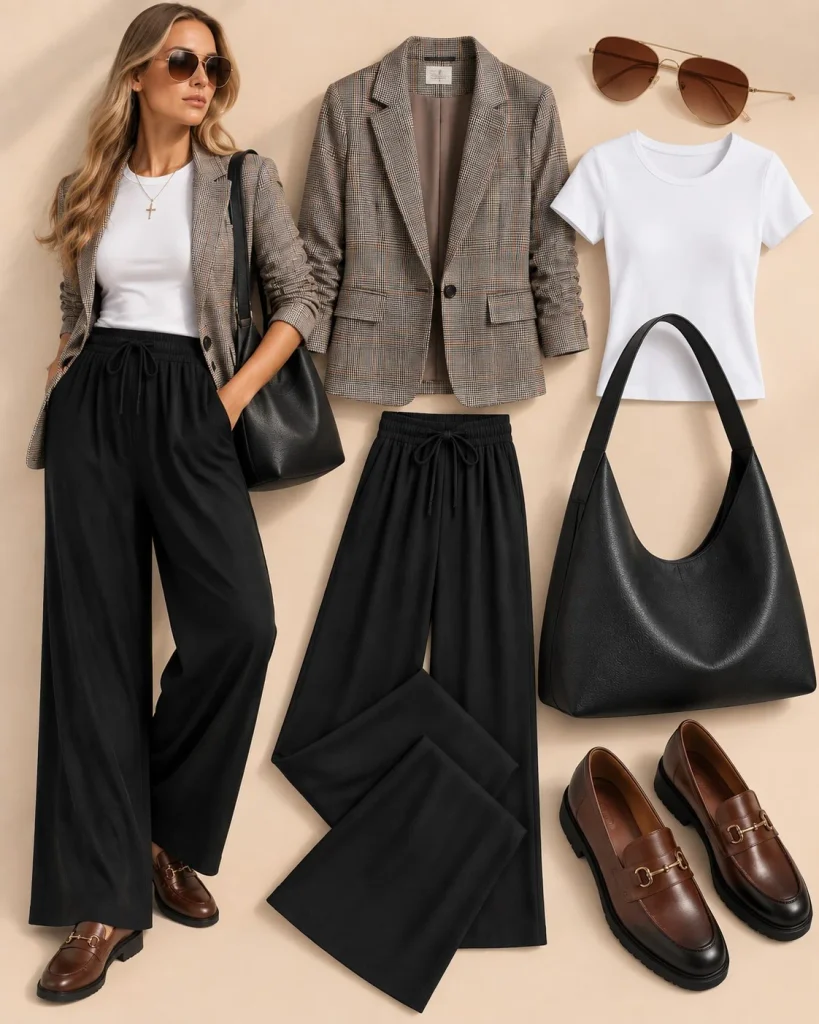 Woman wearing black linen pants with a white tee, plaid blazer, and brown leather loafers