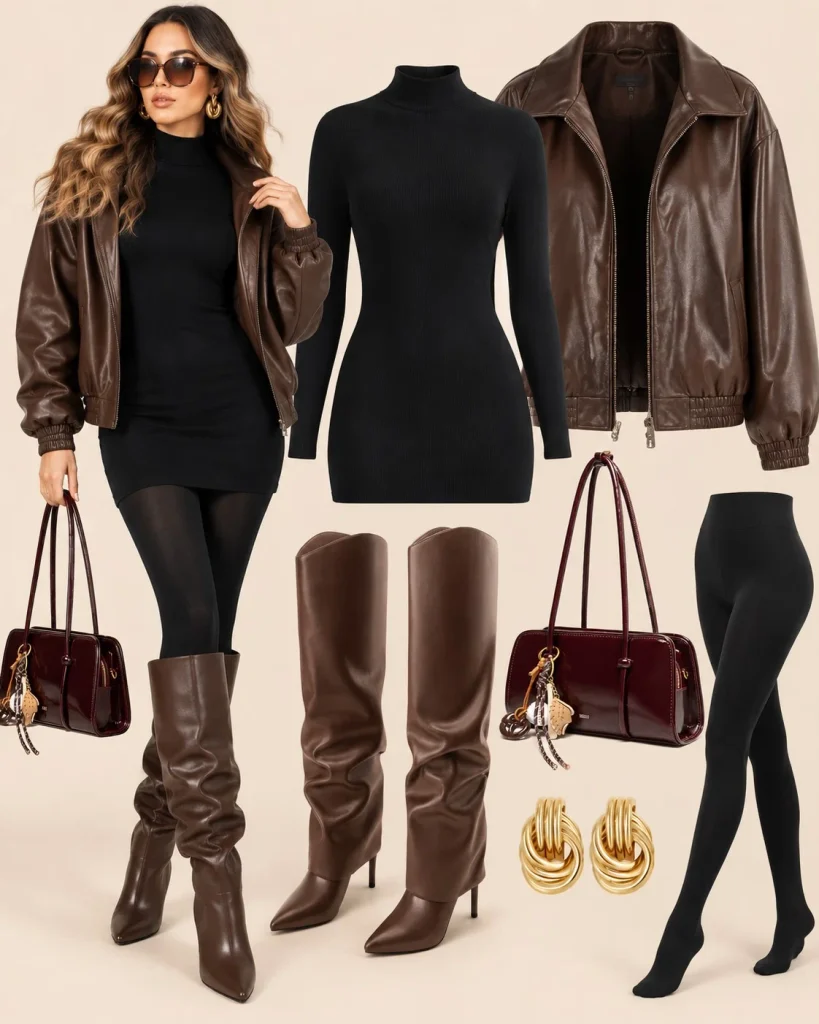 Black mini dress with dark brown knee high boots