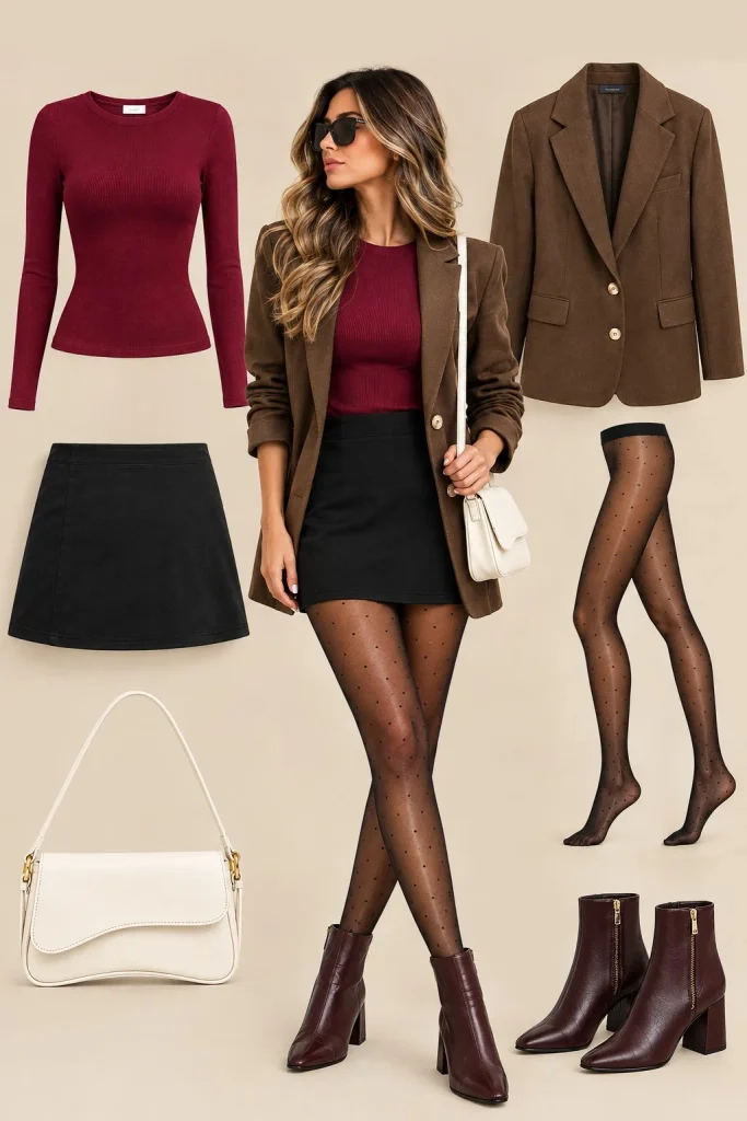 Black mini skirt with blazer, tights, and ankle boots