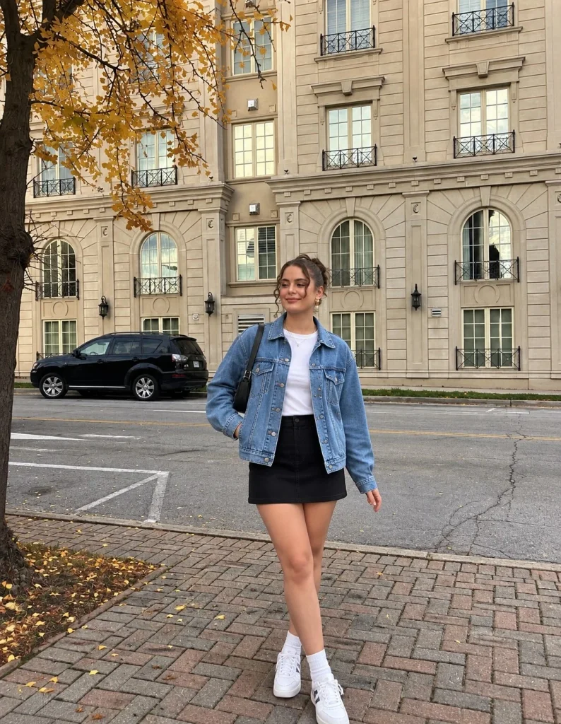 Black mini skirt with denim jacket and white sneakers
