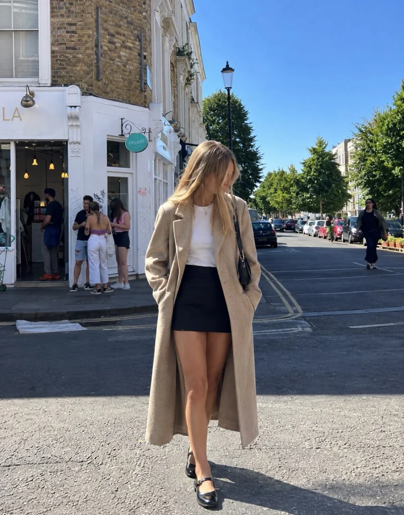 Black mini skirt with long coat and Mary Janes