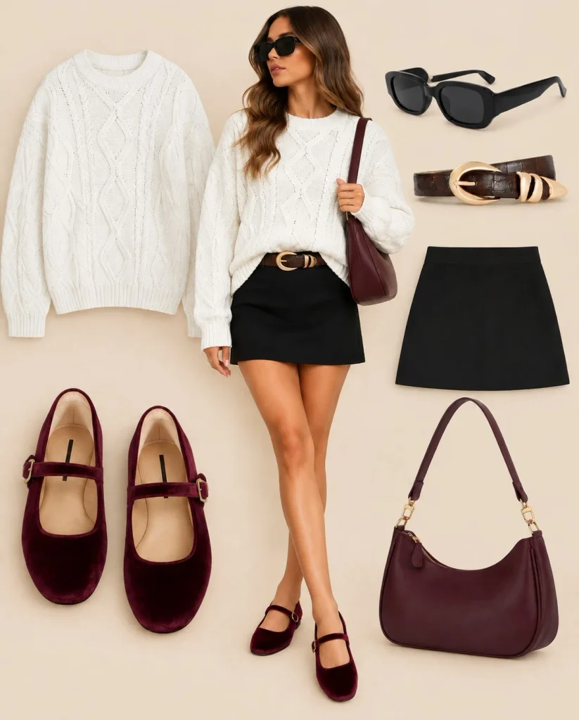 Black mini skirt with white sweater and ballet flats