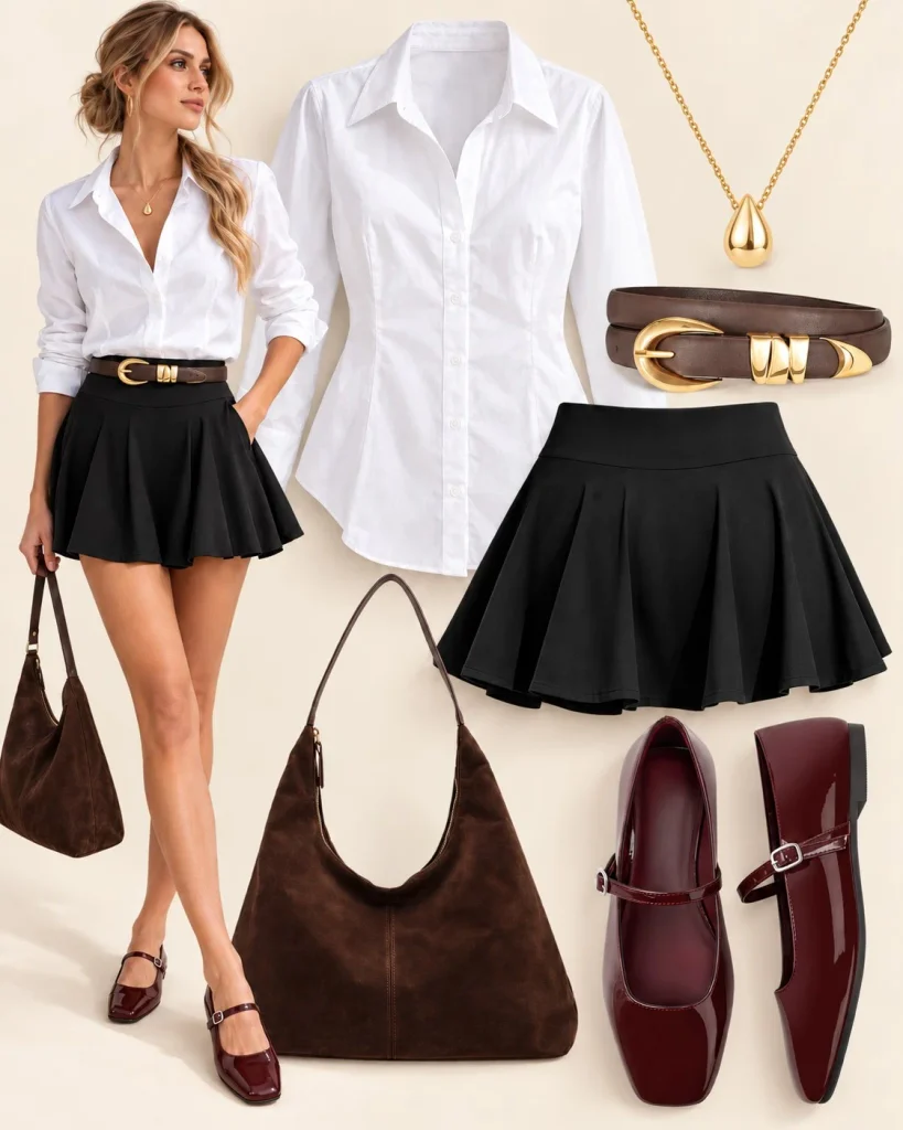 Black pleated mini skirt with white button-down and Mary Janes