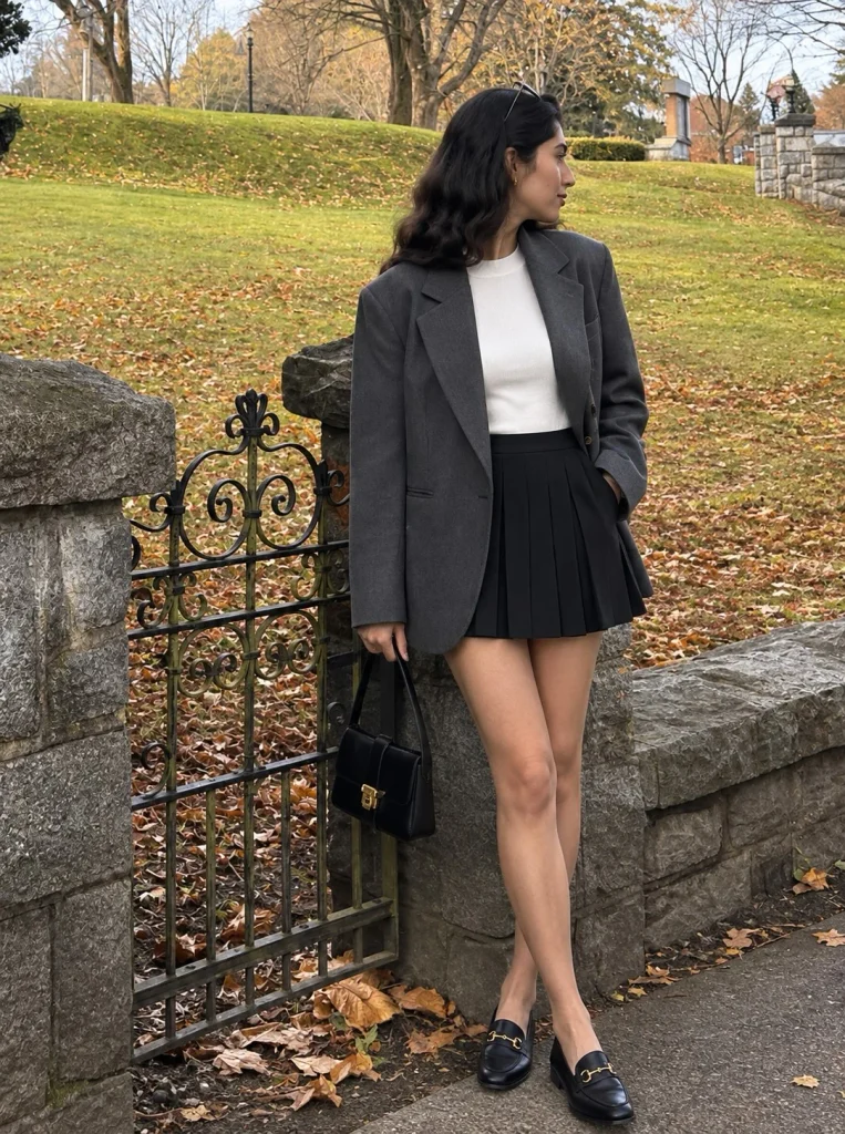 Black pleated skirt with oversized blazer and loafers