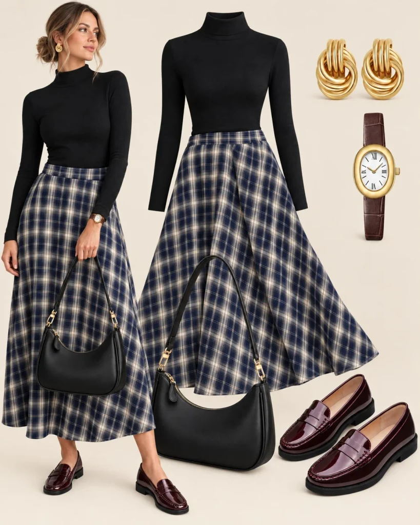 Woman wearing a black turtleneck sweater with a plaid midi skirt and loafers