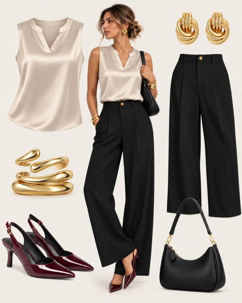 Woman wearing black wide-leg pants with a satin blouse and pointed-toe heels