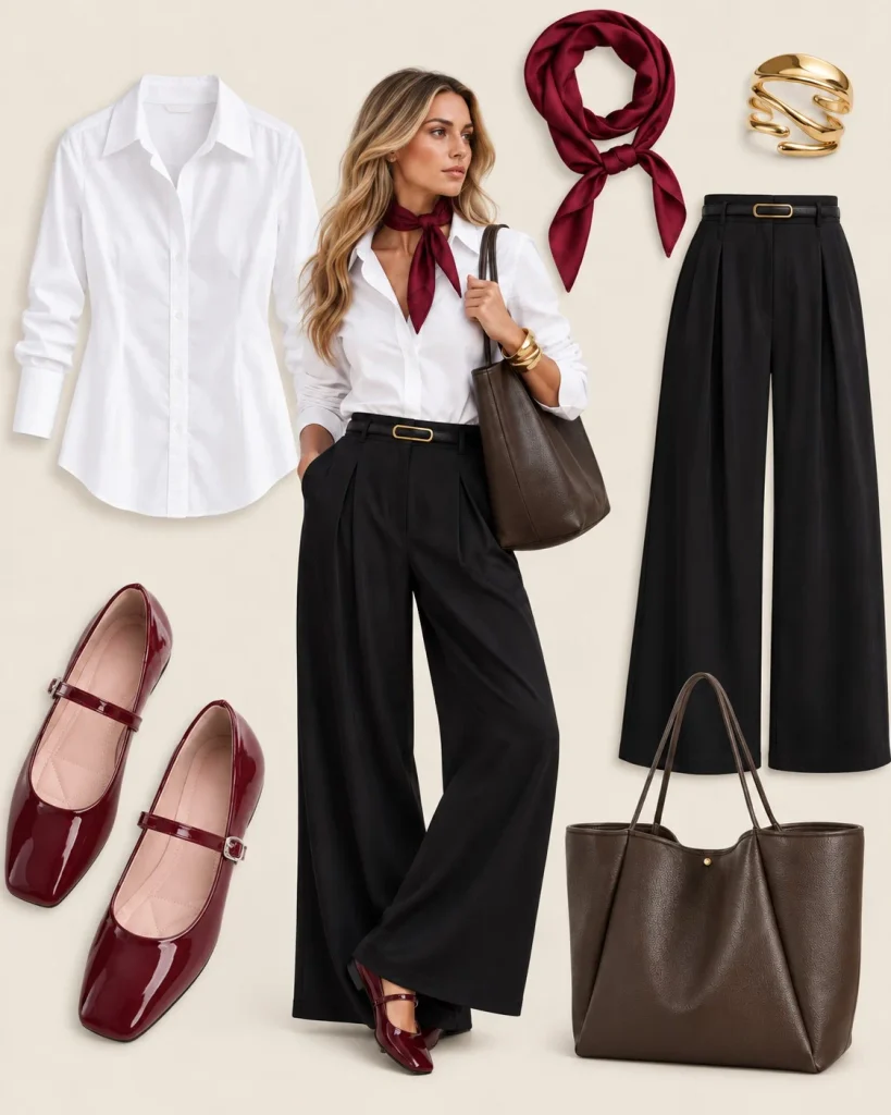 Woman wearing black wide-leg pants with a white button-down shirt and ballet flats