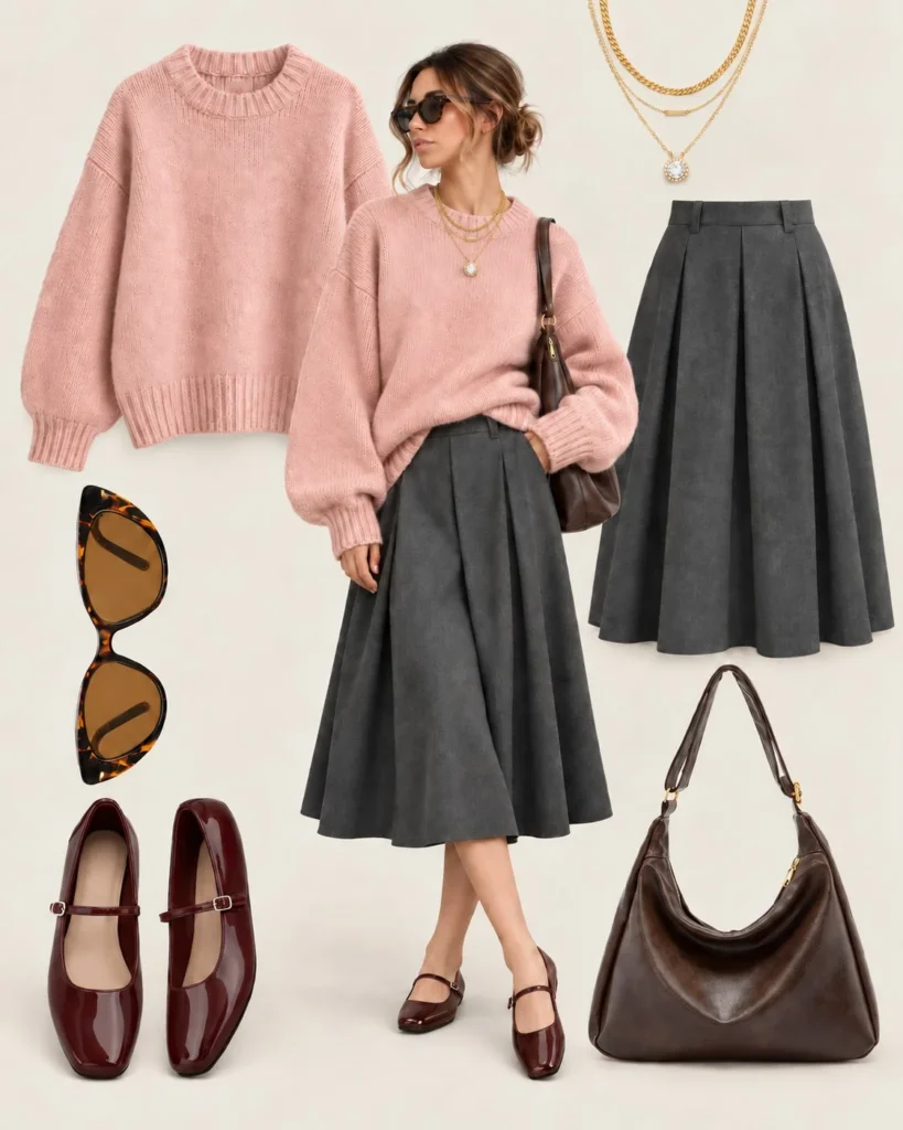 Woman wearing a blush pink sweater with a charcoal pleated midi skirt and ballet flats