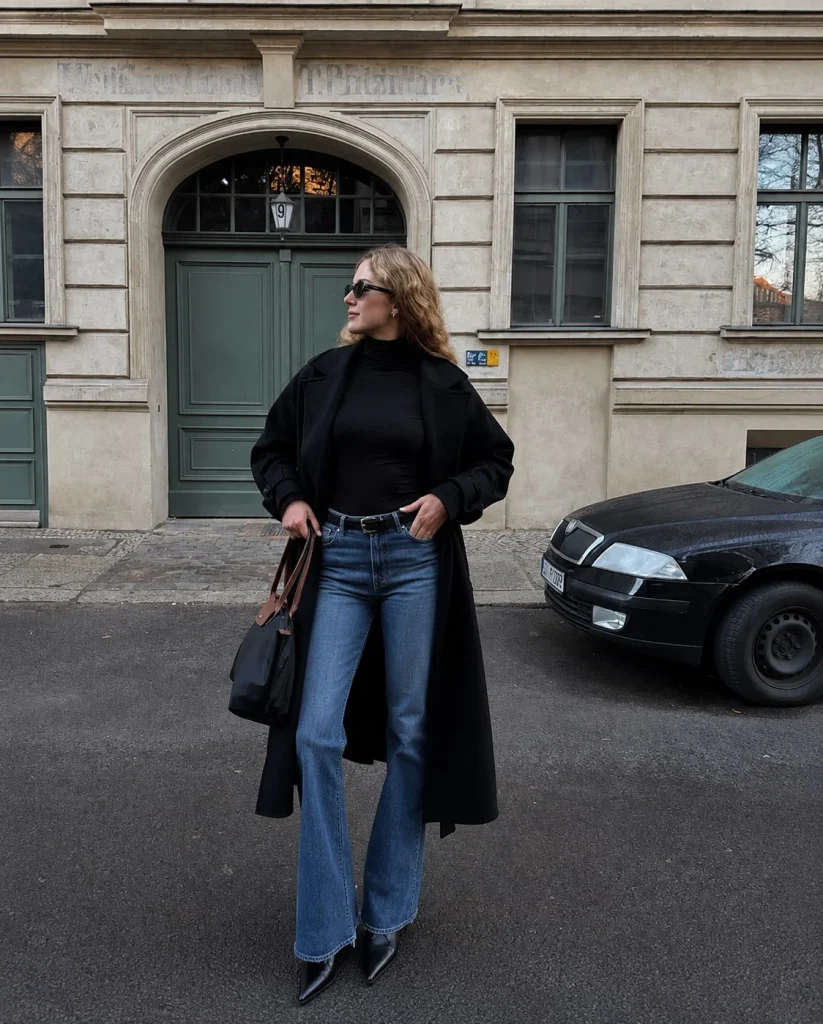 Woman wearing dark bootcut jeans, a fitted turtleneck, black pointed boots, and a long winter coat