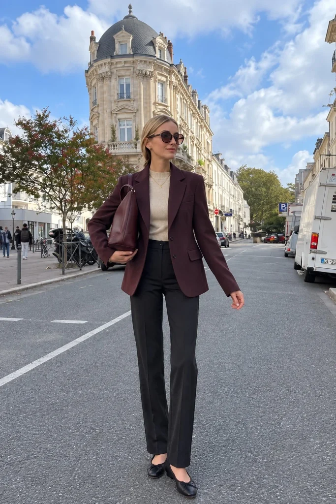 Burgundy blazer with beige sweater, black straight-leg pants, and ballet flats