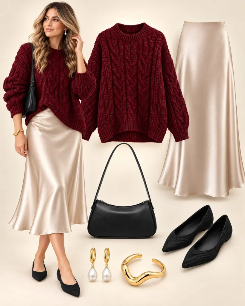 Woman wearing a burgundy sweater with a champagne satin midi skirt and pointed flats
