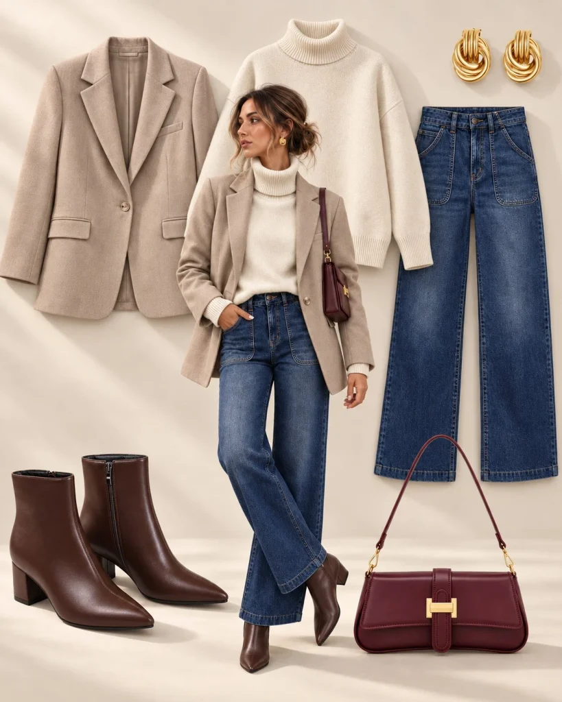Camel blazer with cream turtleneck, dark jeans, and ankle boots