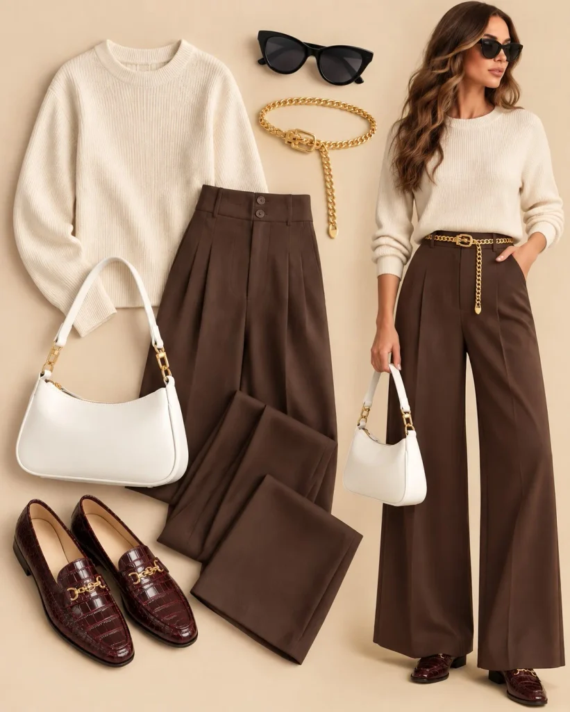 Woman wearing chocolate brown wide-leg trousers with a beige knit and loafers