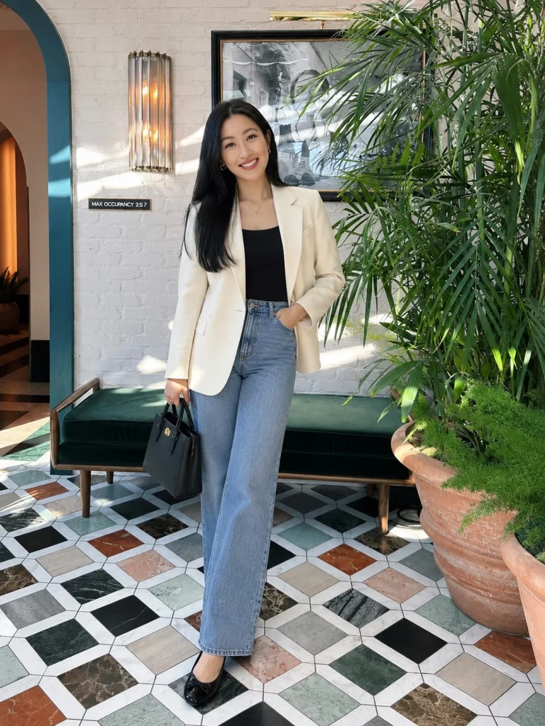 Cream blazer with black fitted top, blue jeans, and ballet flats