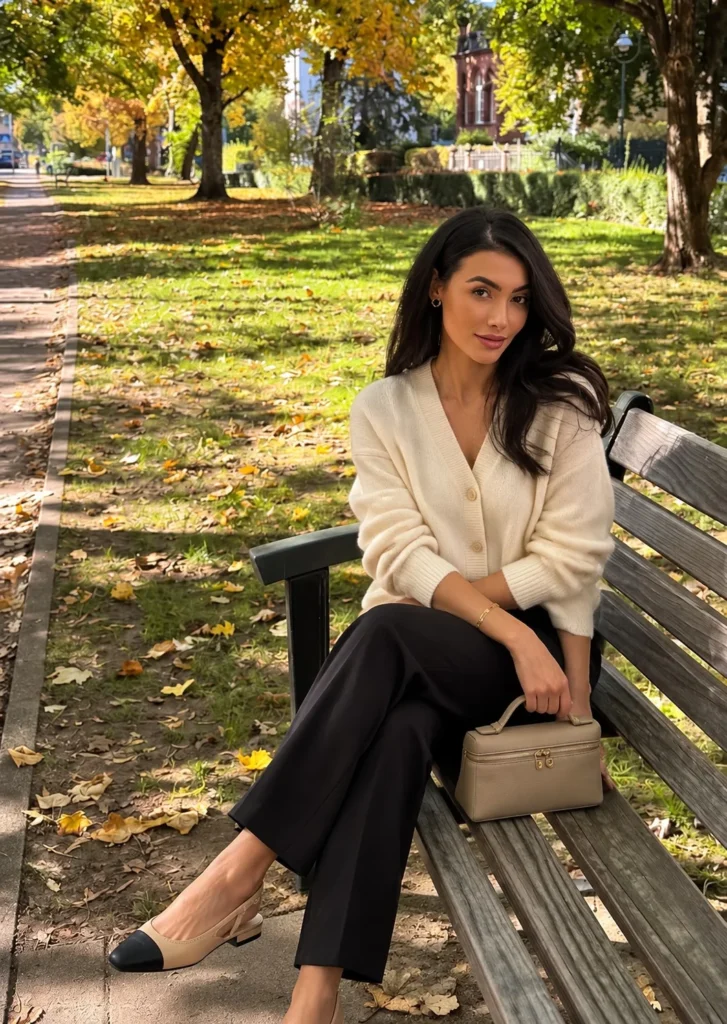 Cream cardigan with black straight-leg trousers and slingback flats for a business casual outfit