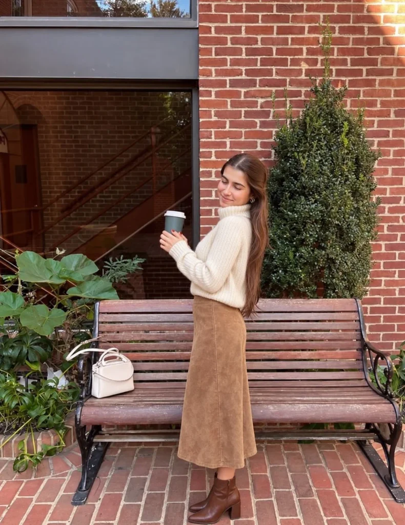 Woman wearing a cream turtleneck sweater with a camel suede midi skirt and brown ankle boots