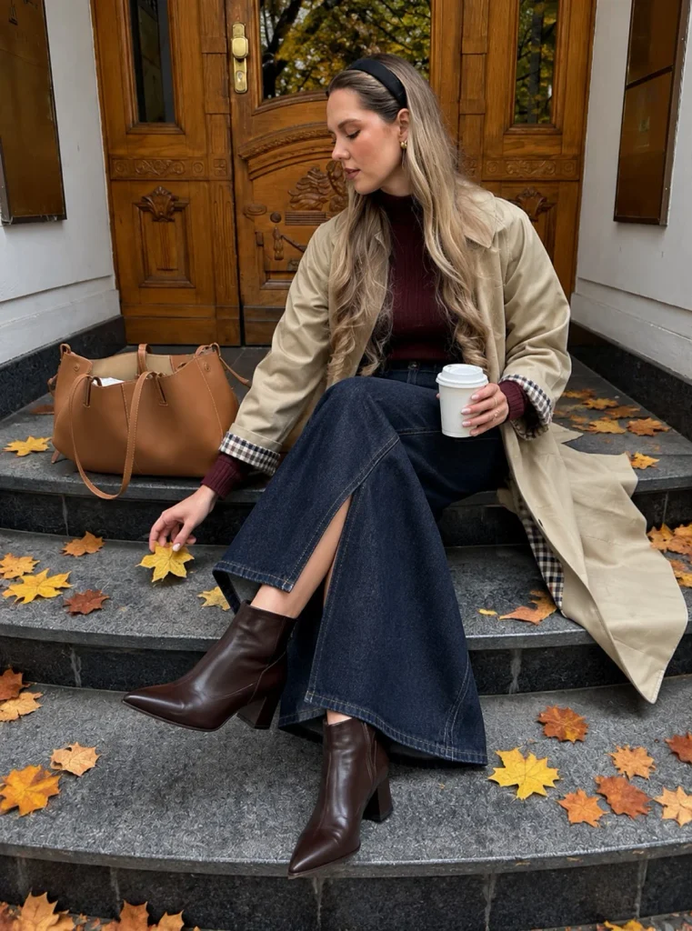 Dark denim maxi skirt with a fitted sweater and heeled ankle boots
