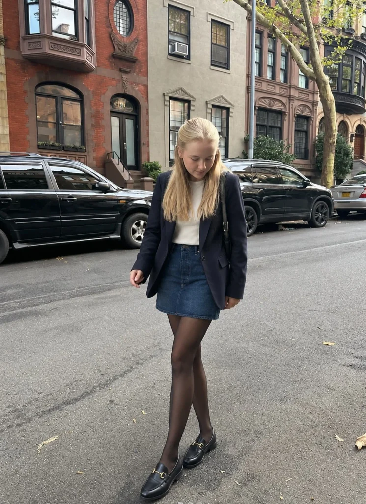 Dark denim mini skirt with blazer, tights, and loafers for a polished fall outfit
