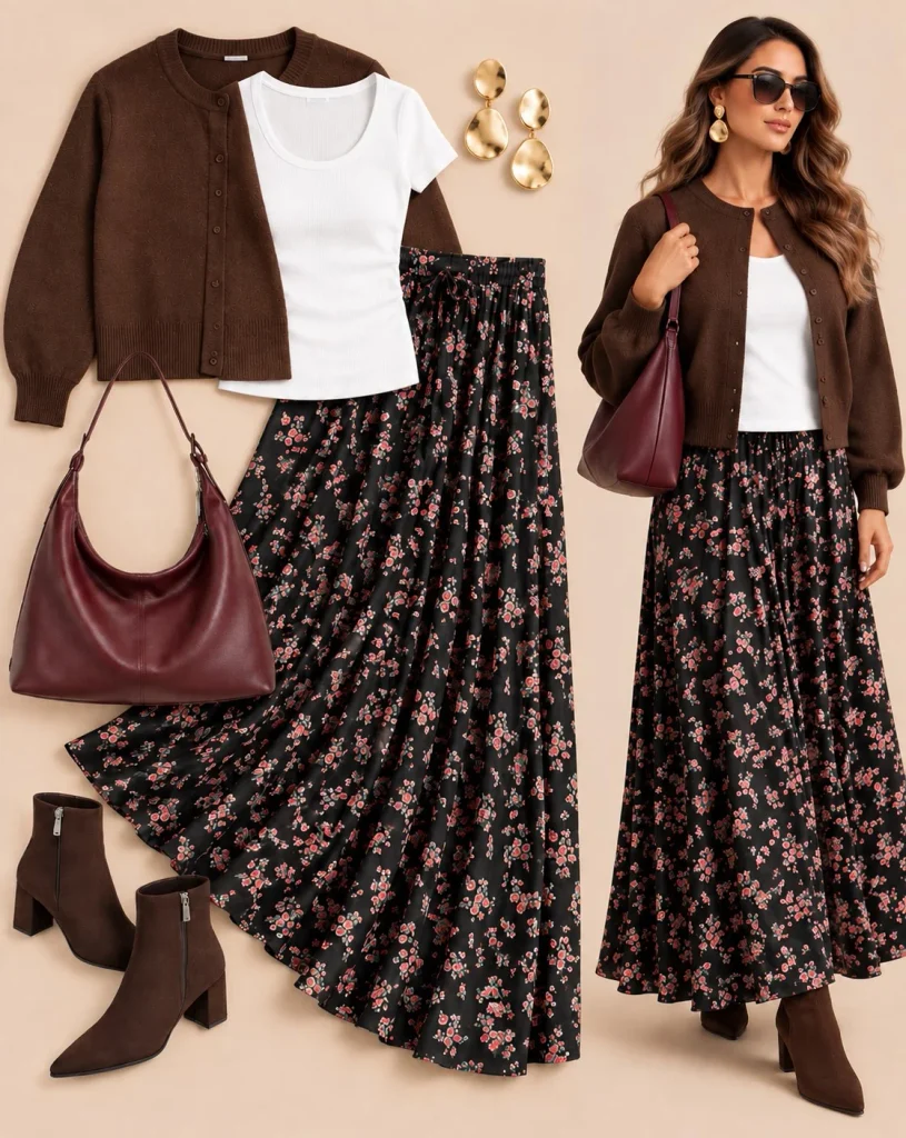 Dark floral midi skirt with a cropped cardigan and Western boots