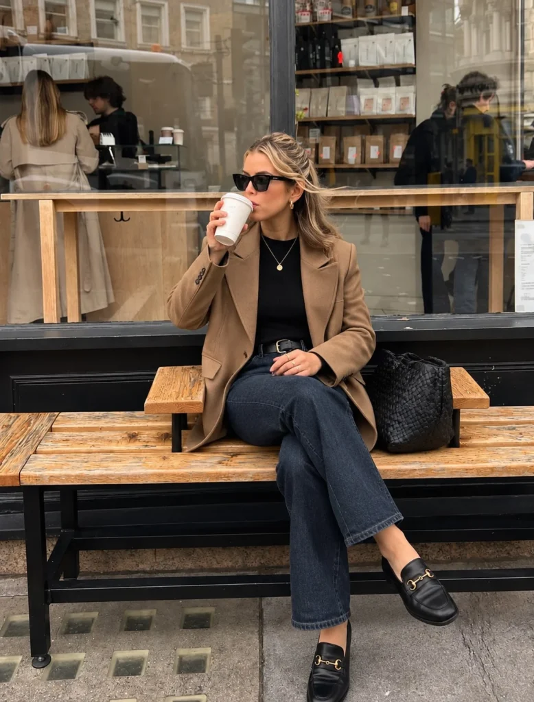 Dark-wash straight-leg jeans with camel blazer, fine-knit top, and loafers for business casual work