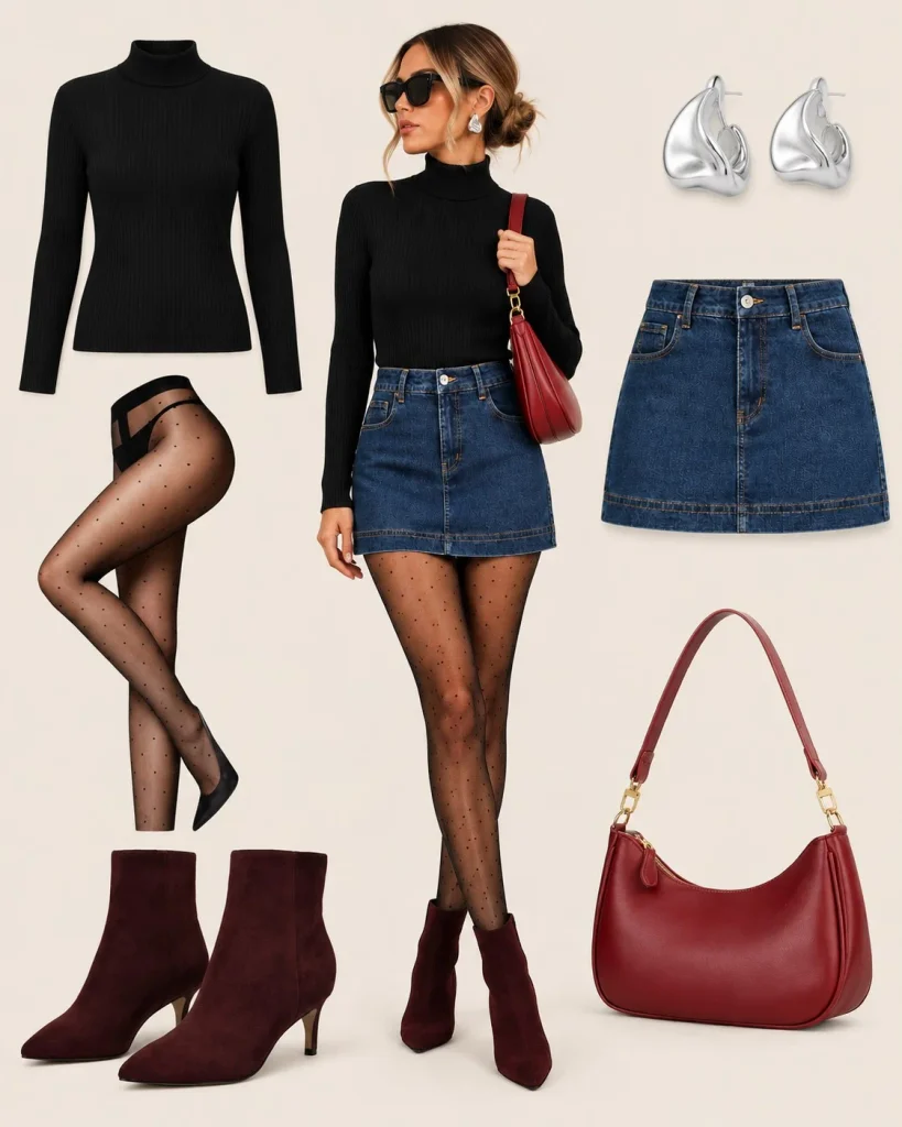 Denim mini skirt outfit with black turtleneck, tights, and ankle boots for fall