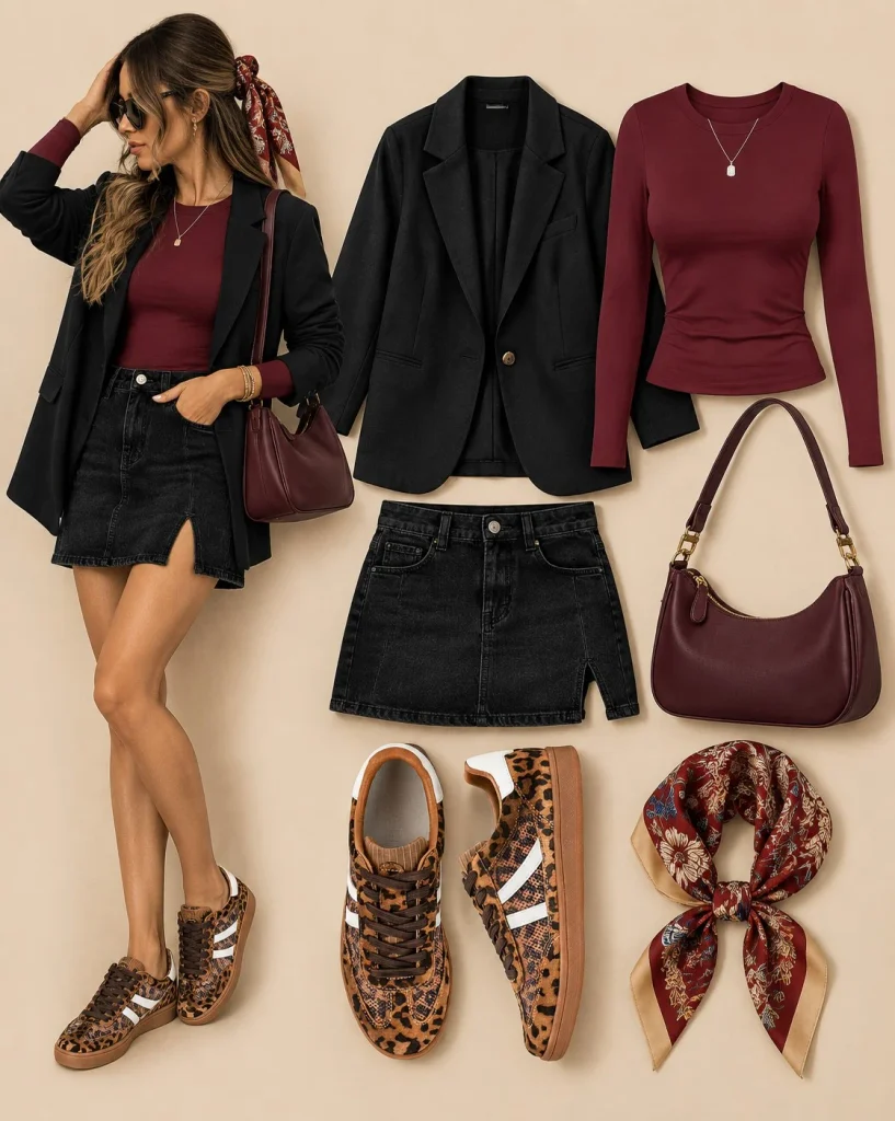 Denim mini skirt with blazer, fitted top, and sneakers for a polished fall outfit