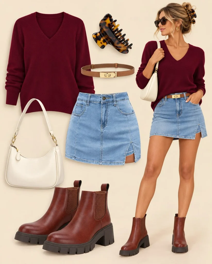 Denim mini skirt with burgundy sweater and ankle boots for a fall outfit