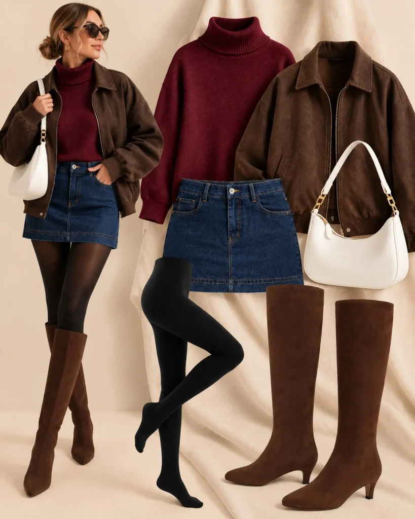 Dark brown knee high boots with denim mini skirt and knit sweater