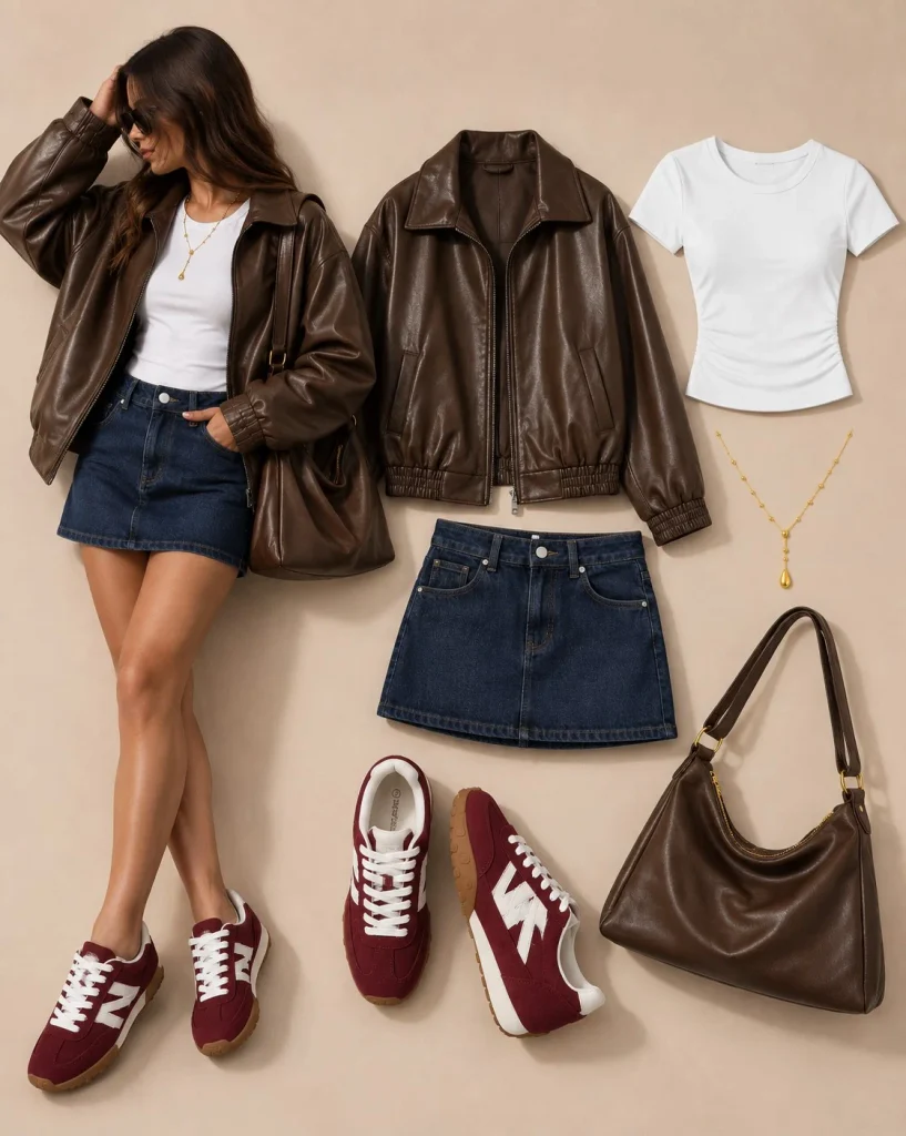Denim mini skirt with leather jacket, white tee, and sneakers for fall