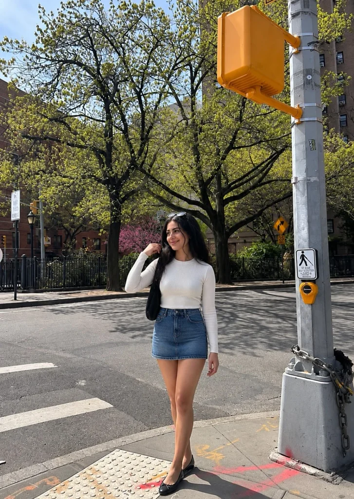 Denim mini skirt with long-sleeve top and ballet flats for a simple fall outfit