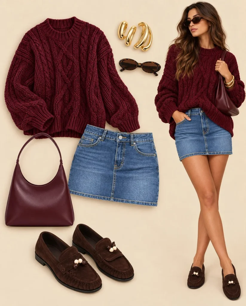 Denim mini skirt with oversized sweater and loafers for a casual fall outfit