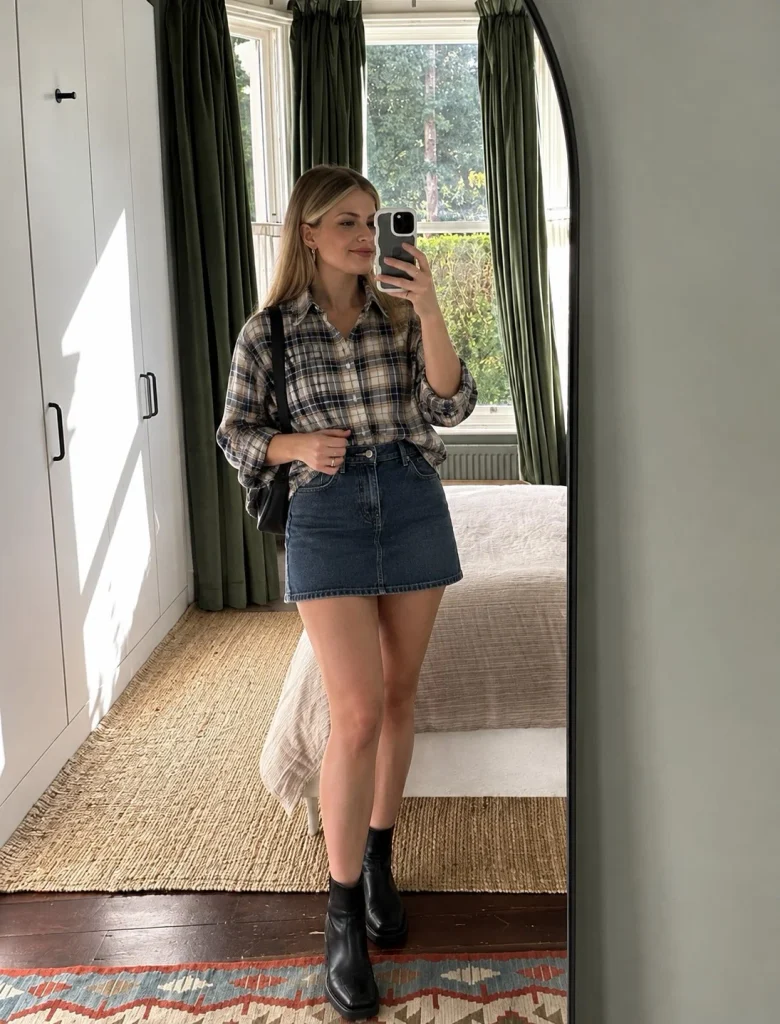 Denim mini skirt with plaid button-down shirt and ankle boots for fall