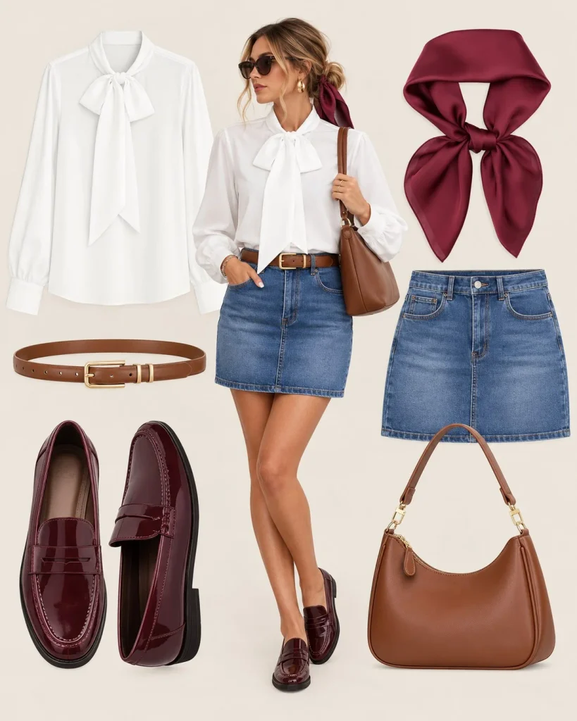 White blouse with a denim mini skirt and loafers for fall