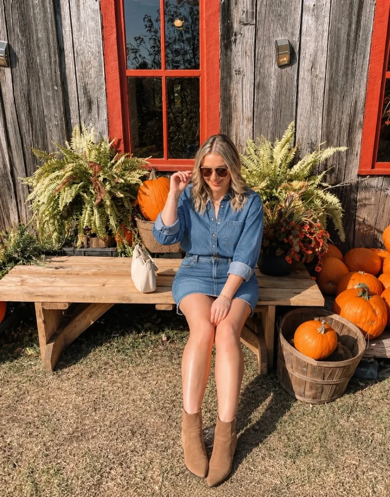 Denim shirt with a denim skirt and ankle boots for a fall outfit