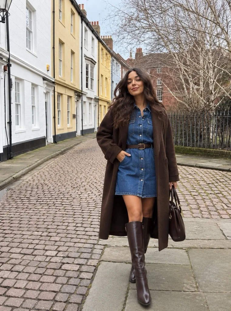 Denim shirt dress styled with dark brown knee high boots