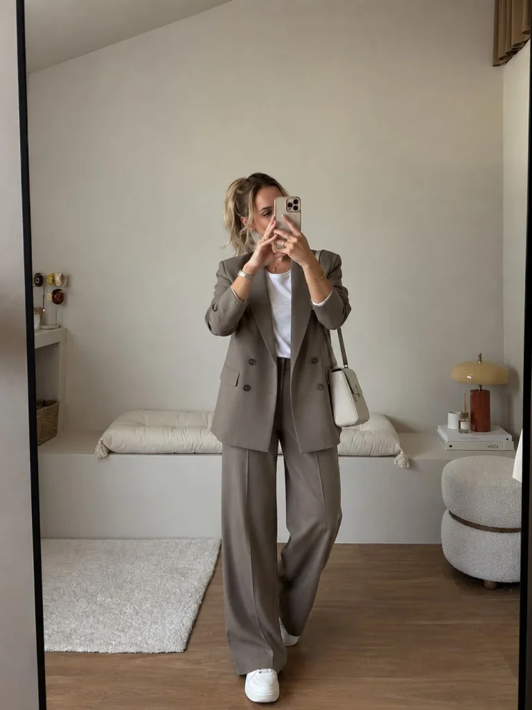 Double-breasted blazer with matching trousers, simple T-shirt, and sneakers