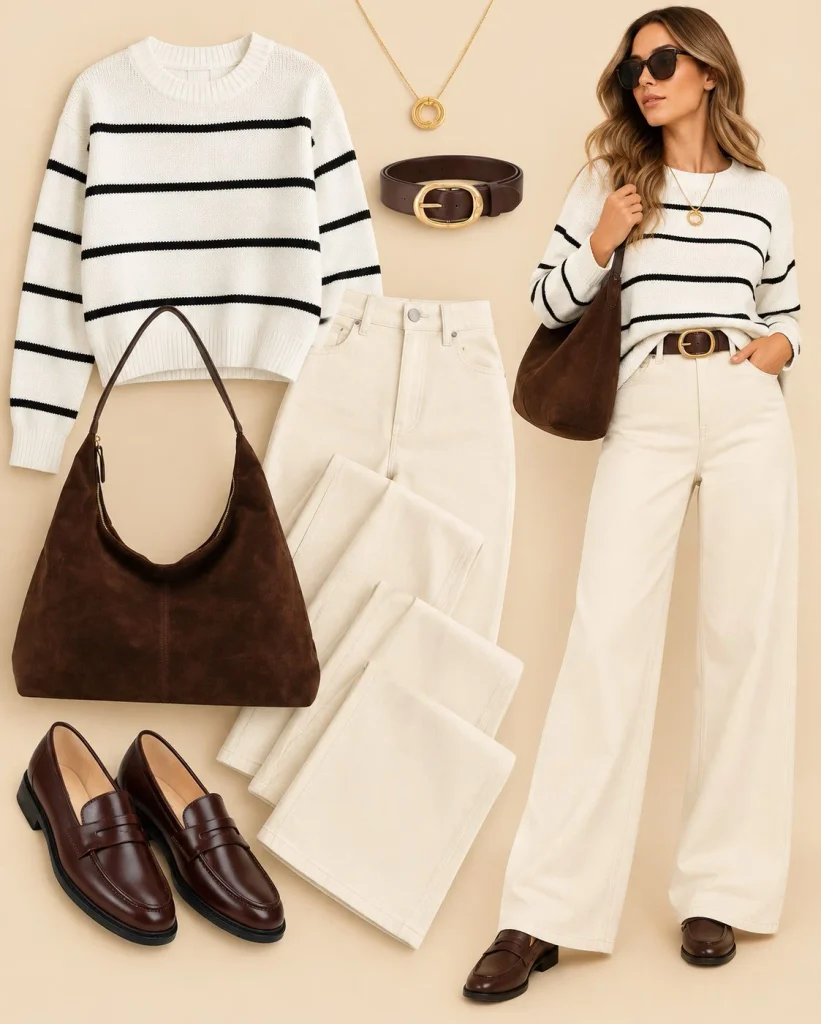 Woman wearing ecru wide-leg jeans with a striped sweater and brown loafers