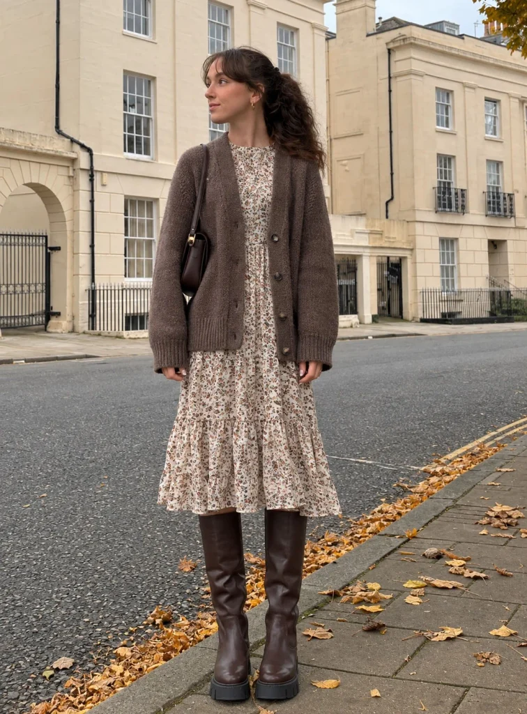 Floral midi dress and cardigan with dark brown knee high boots