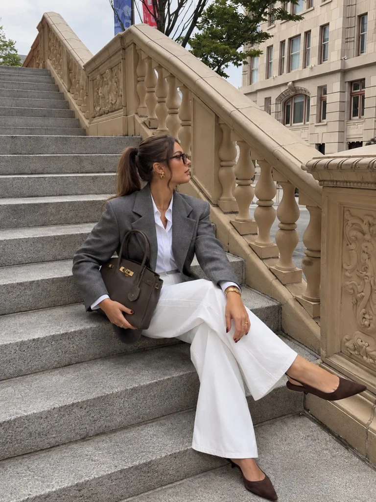 Gray blazer with white button-down, wide-leg trousers, and slingback flats