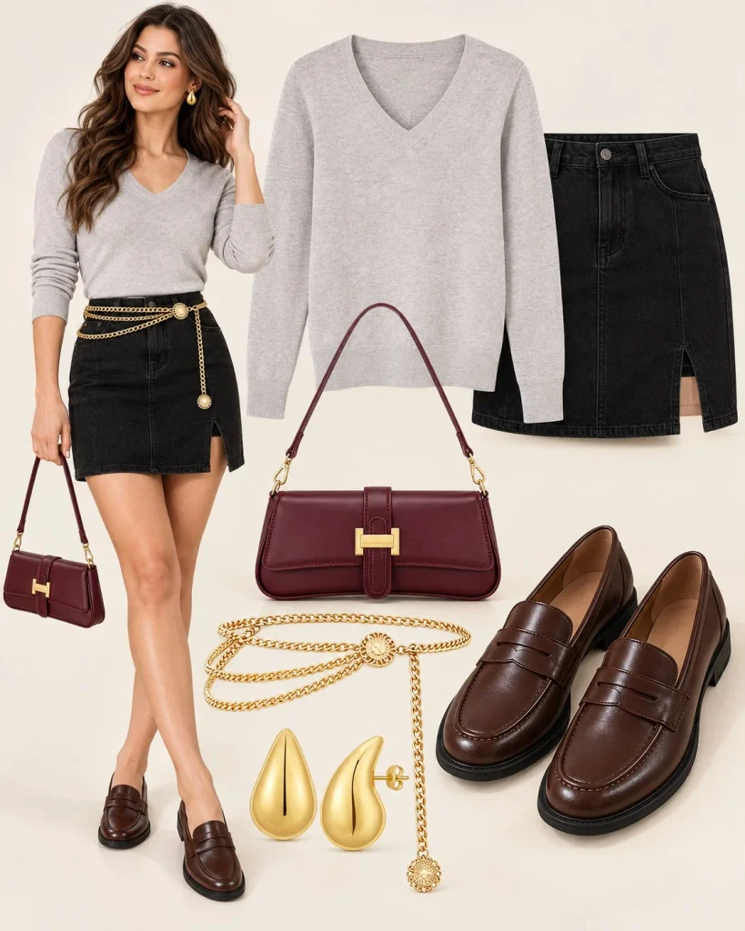 Woman wearing a gray sweater with a black denim mini skirt, tights, and loafers