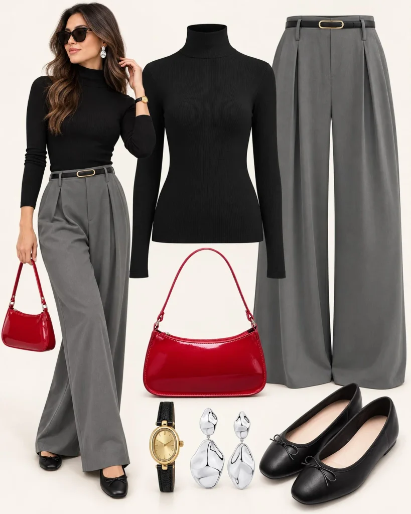 Woman wearing gray wide-leg trousers with a black turtleneck and pointed-toe flats