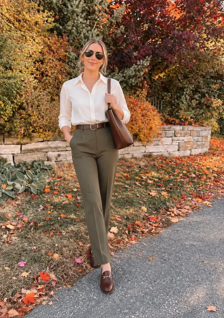 Ivory button-down with olive straight-leg trousers and brown loafers for a fall office outfit