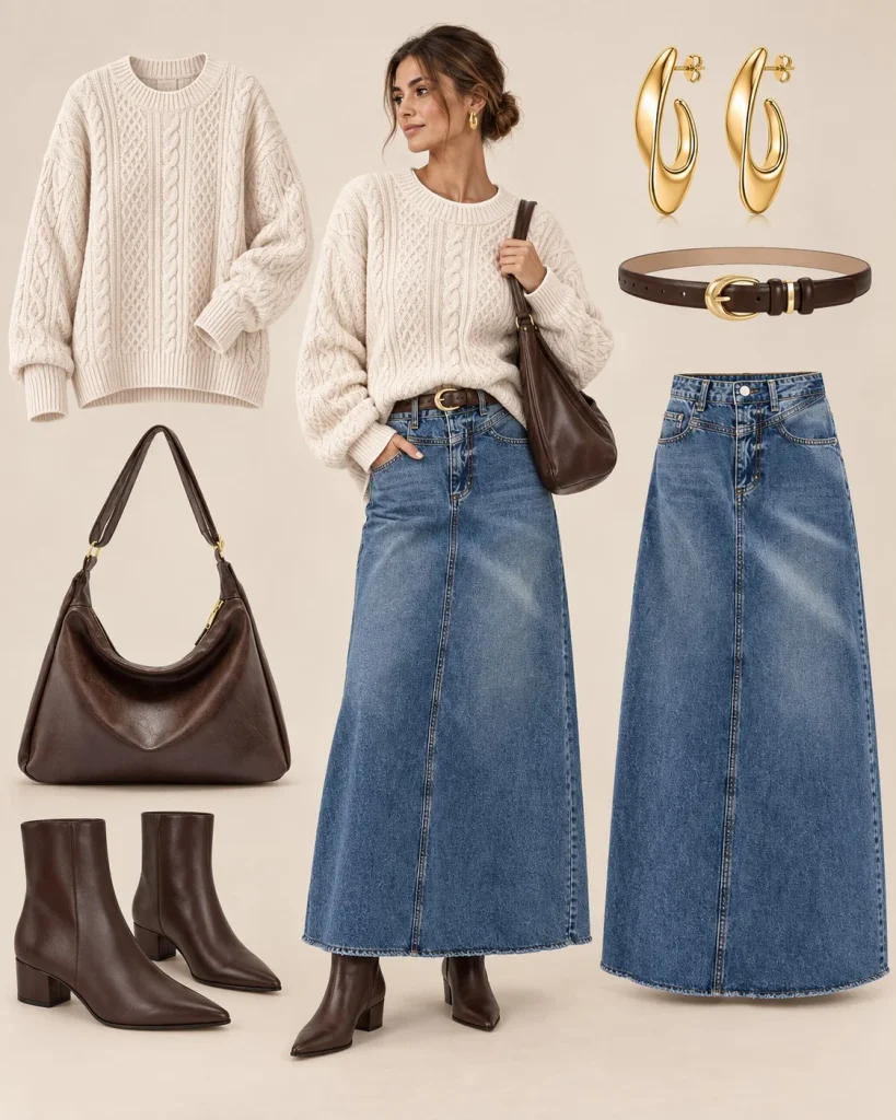 Woman wearing an ivory cable-knit sweater with a dark denim maxi skirt and brown boots