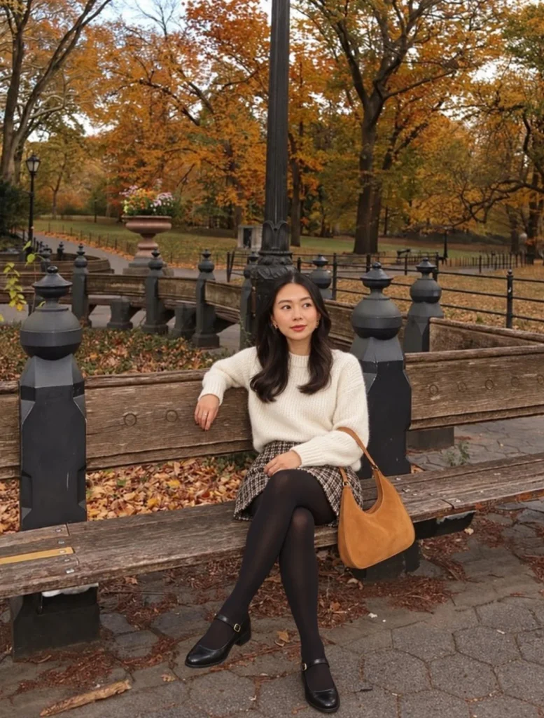 Woman wearing an ivory sweater with a tweed mini skirt, tights, and Mary Jane shoes