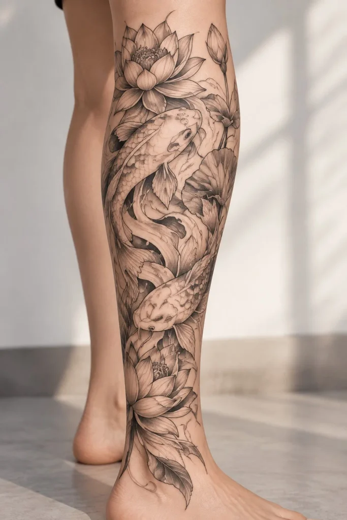 Koi fish and lotus half leg tattoo for women with a flowing Japanese-inspired design