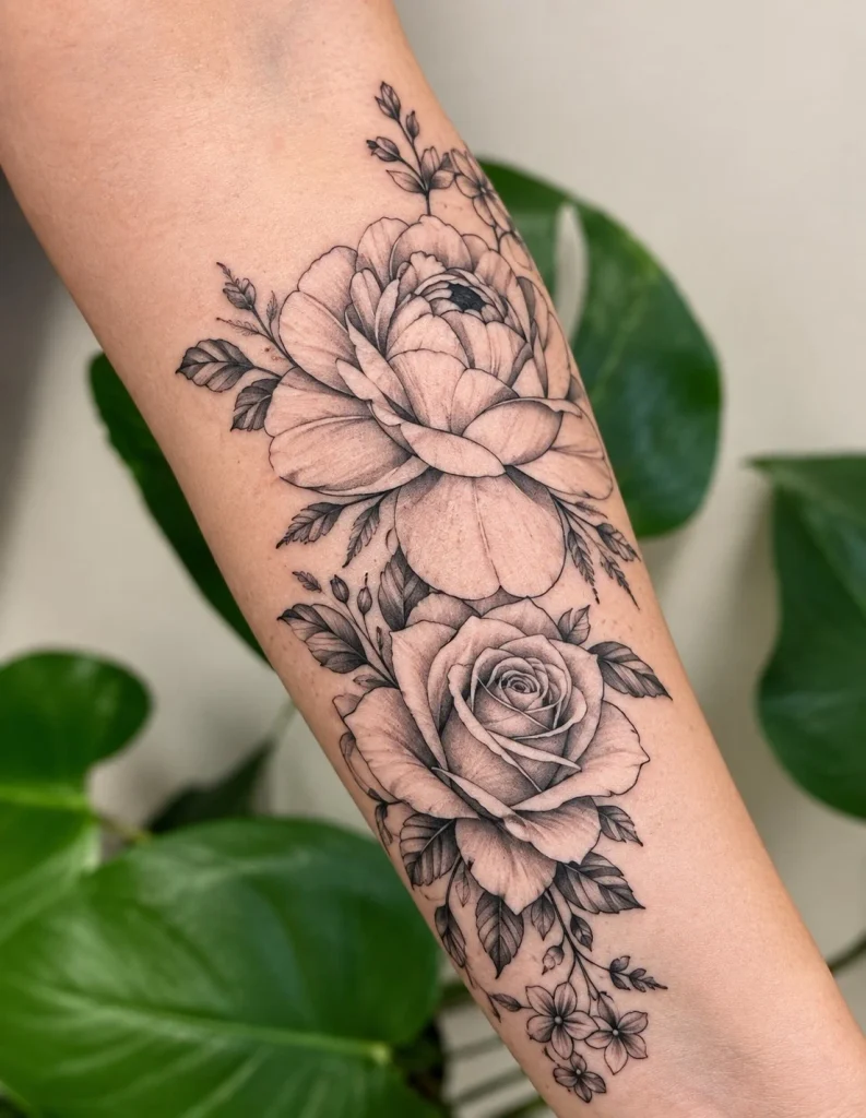Large rose and peony forearm tattoo with two detailed floral focal points