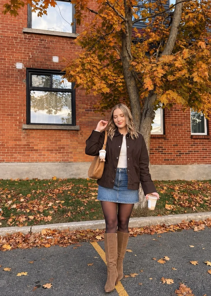 Leather jacket with a fitted top, denim skirt, and boots for fall